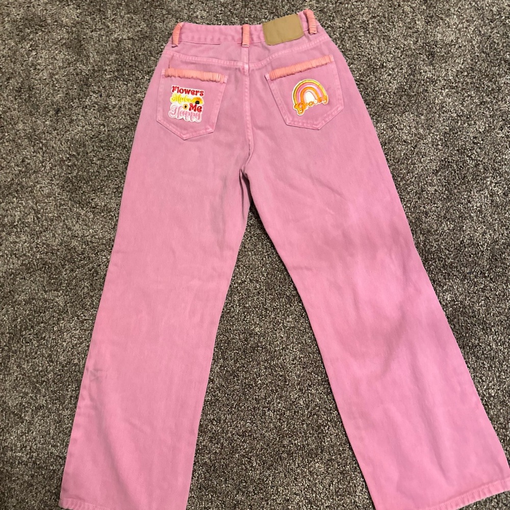 Redhawk Designs Hand Crafted Pink High Rise Jeans w/Fun Patches & Deerskin sz 26 - Picture 2 of 8